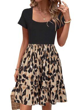 Women's Floral Short Sleeve Square Neck Dresses Casual Beach Vacation Mini Dress